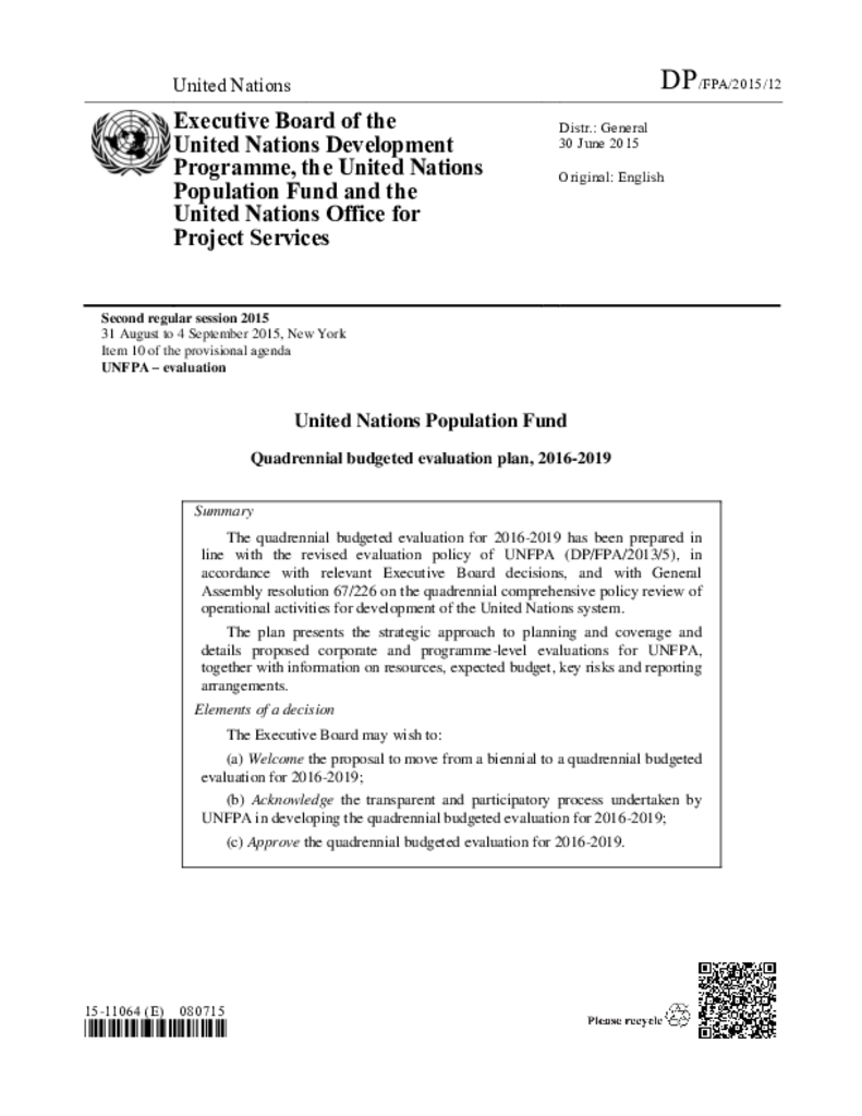 Quadrennial budgeted evaluation plan, 2016-2019