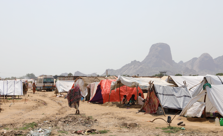 People shelter from the sun beneath makeshift tents.