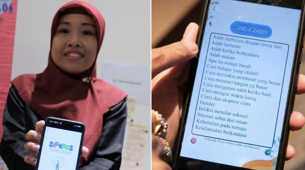 The photo shows Lufia Krismiyanti with an app she developed to help students learn about reproductive health. 
