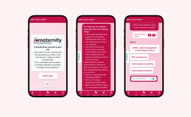Images of the NeMa smartbot which provides information and a chat function for healthcare providers.