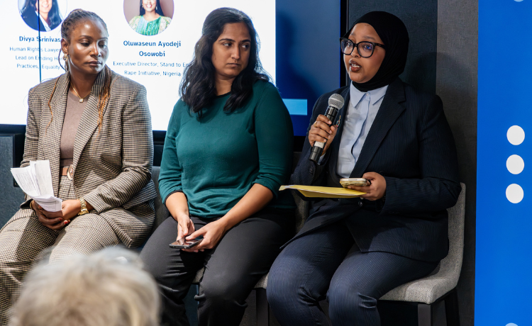 Fatou Baldeh and Divya Srinivasan listen to Fozzia Aden's statement during the CSW70 side-event ‘Female genital mutilation laws and human rights principles.’ © UNFPA