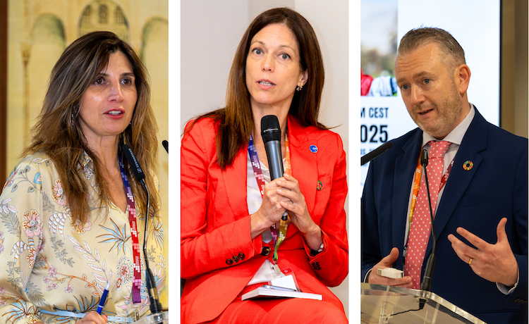 Three individuals are pictured in three different images and are speaking using microphones.