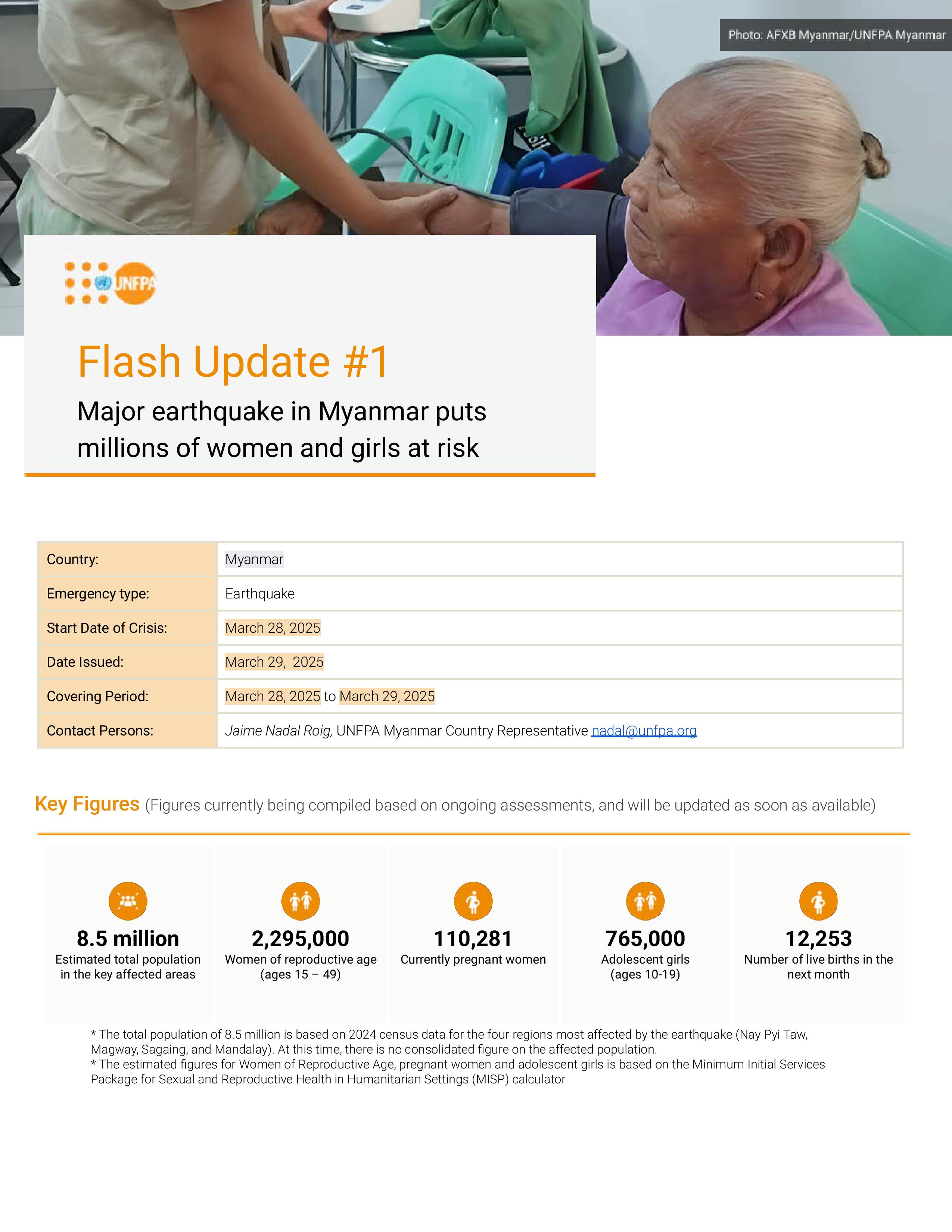 Flash Update #1 on the UNFPA Response to the Earthquake in Myanmar