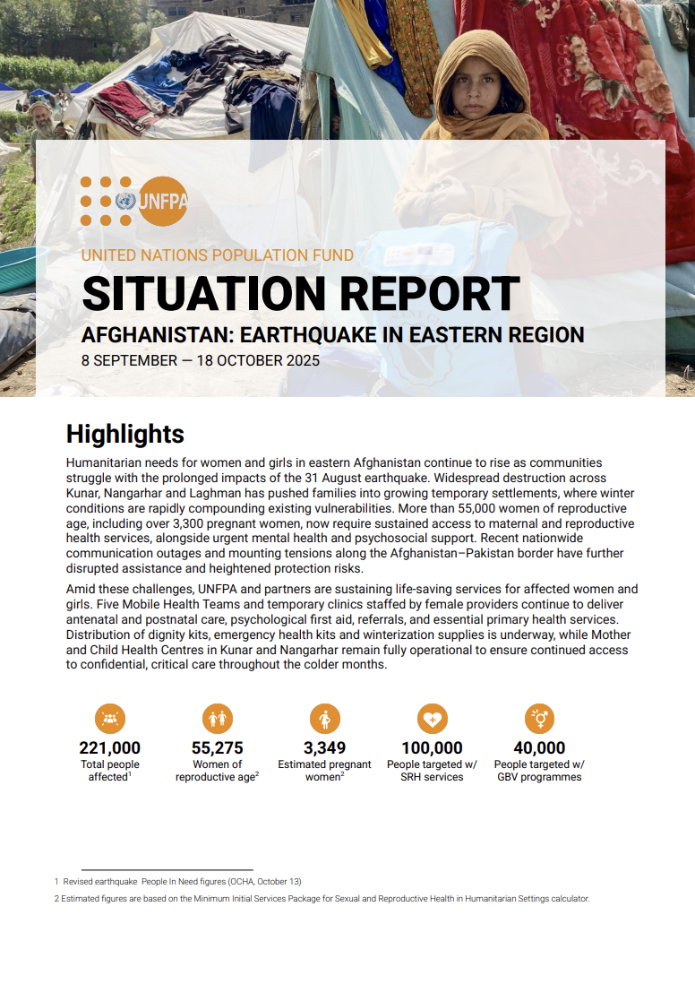 Situation Report on the UNFPA Response to the Earthquake in Eastern Afghanistan (September 8 – October 18, 2025)