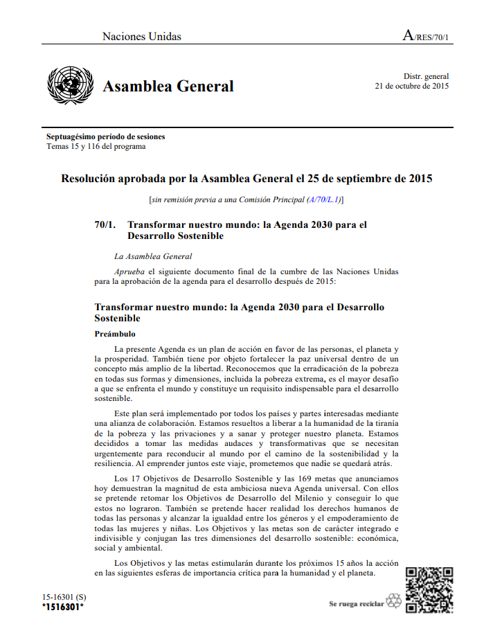 Transformar nuestro mundo: la Agenda 2030 para el Desarrollo Sostenible