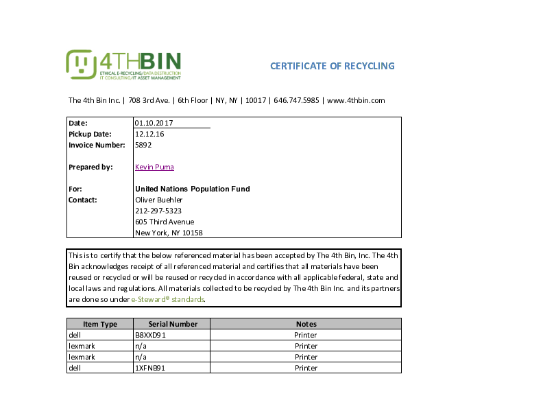 Certificate of Recycling