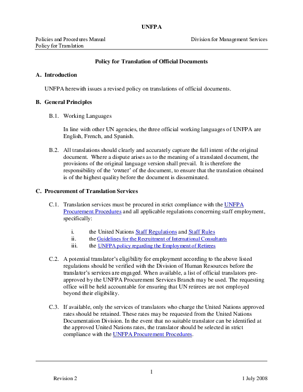 Policy for Translation of Official Documents Policy for Translation of Official Documents