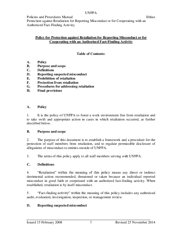 Policy on Protection against Retaliation Policy on Protection against Retaliation