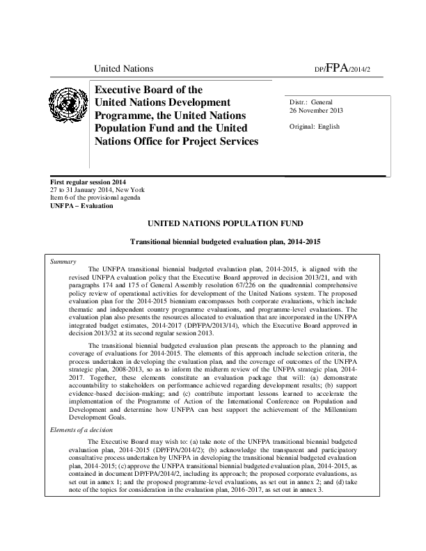 Transitional biennial budgeted evaluation plan, 2014-2015 Transitional biennial budgeted evaluation plan, 2014-2015
