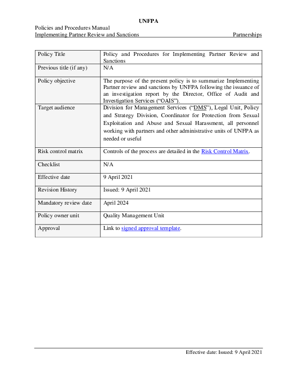 Policy and Procedures for Implementing Partner Review and Sanctions Policy and Procedures for Implementing Partner Review and Sanctions