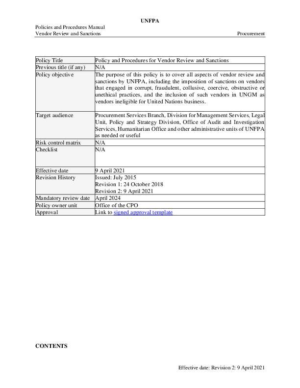 Policy for Vendor Review and Sanctions Policy for Vendor Review and Sanctions