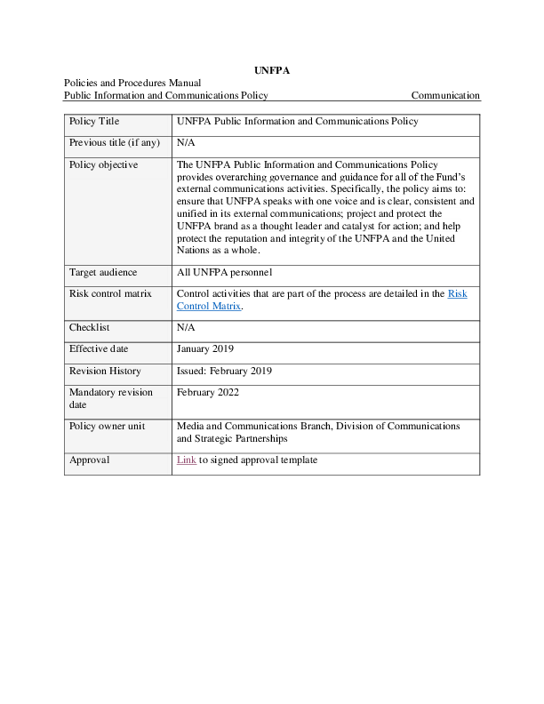 UNFPA Public Information and Communications Policy UNFPA Public Information and Communications Policy