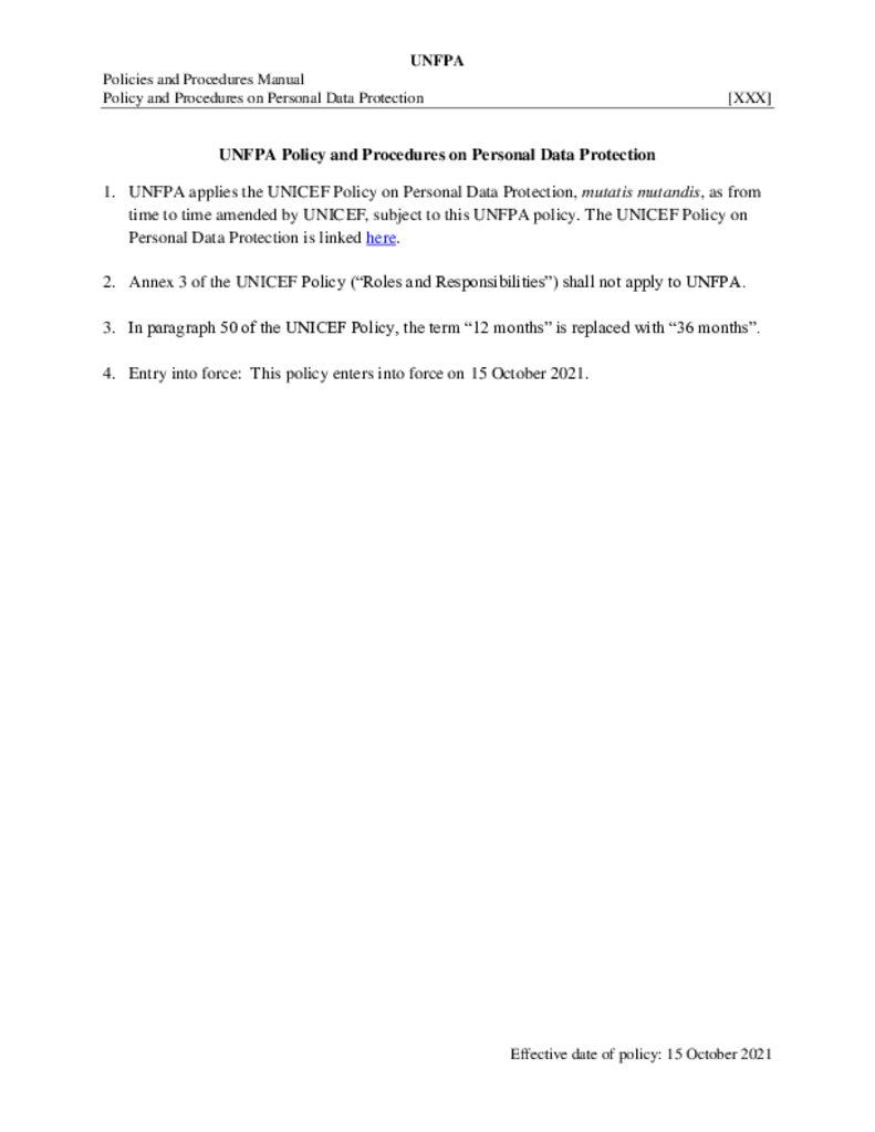 UNFPA Policy and Procedures on Personal Data Protection UNFPA Policy and Procedures on Personal Data Protection