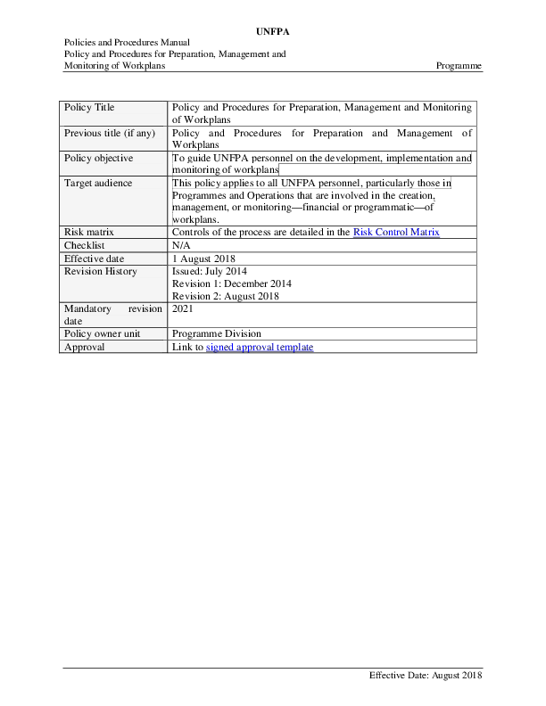Policy and Procedures for Preparation, Management and Monitoring of Workplans Policy and Procedures for Preparation, Management and Monitoring of Workplans