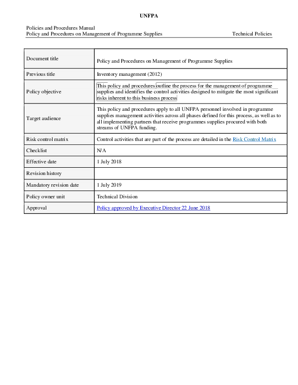 Policy and Procedures on Management of Programme Supplies Policy and Procedures on Management of Programme Supplies