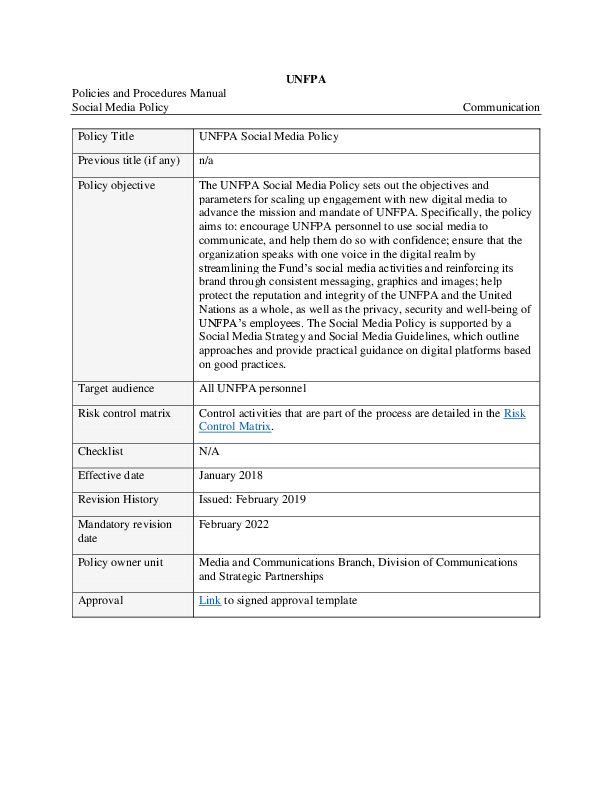 UNFPA Social Media Policy UNFPA Social Media Policy