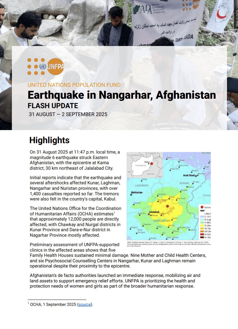 Flash Update on the Earthquake in Nangarhar, Afghanistan (August 31 — 2 September 2025)