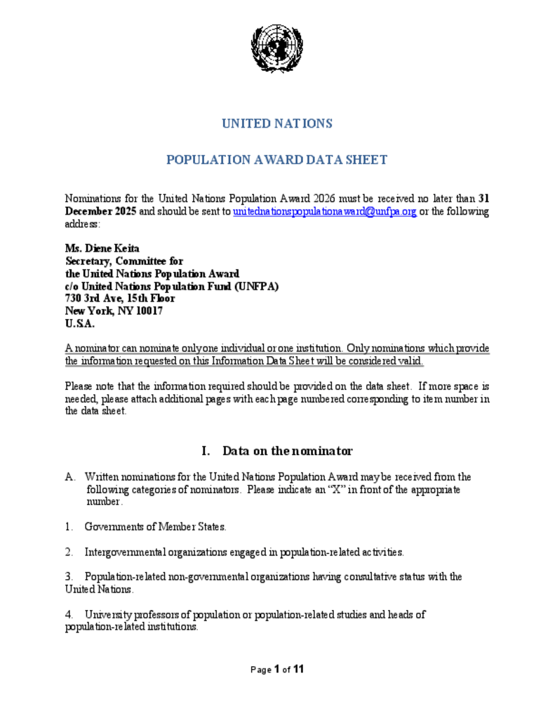 UN Population Award nomination form