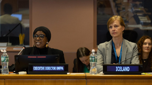 Two female speakers, UNFPA Executive Director Diene Keita and H.E. Anna Jóhannsdóttir, Permanent Representative of Iceland to the United Nations, seated at the event.