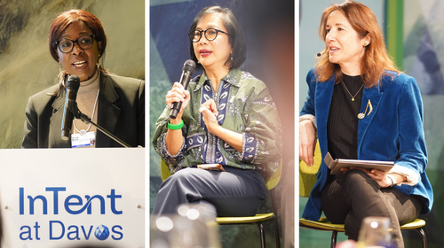  A collage of three female speakers at a World Economic Forum side event.