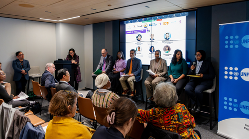 Fozzia Aden (right) speaking at the CSW70 side-event, alongside co-panelists (right to left) Divya Srinivasan, Fatou Baldeh, Manuel Contreras-Urbina, Oluwaseun Ayodeji Osowobi, and Rio Hada. © UNFPA
