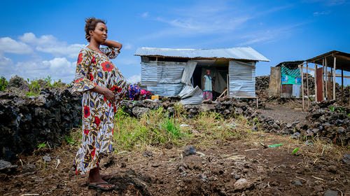 A pregnant woman in a floral dress stands before a shelter made of misshapen corrugated metal.