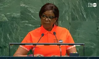 UNFPA Executive Director Ms. Diene Keita speaking in the UN General Assembly Hall  