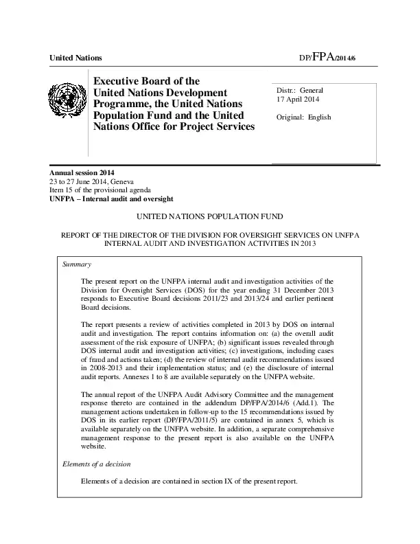 Report of the Director of the Division for Oversight Services on UNFPA internal audit and investigation activities in 2013