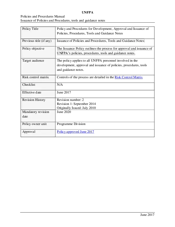 Policy and Procedures for Development, Approval and Issuance of Policies, Procedures, Tools and Guidance Notes