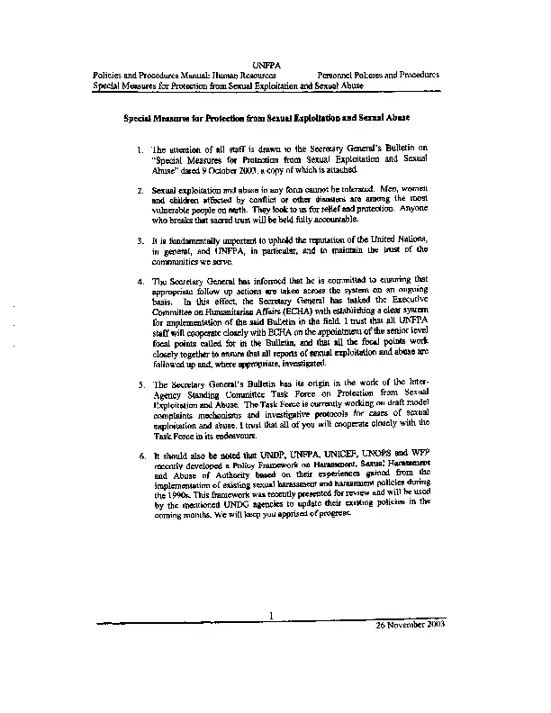 Special Measures for Protection from Sexual Exploitation and Sexual Abuse
