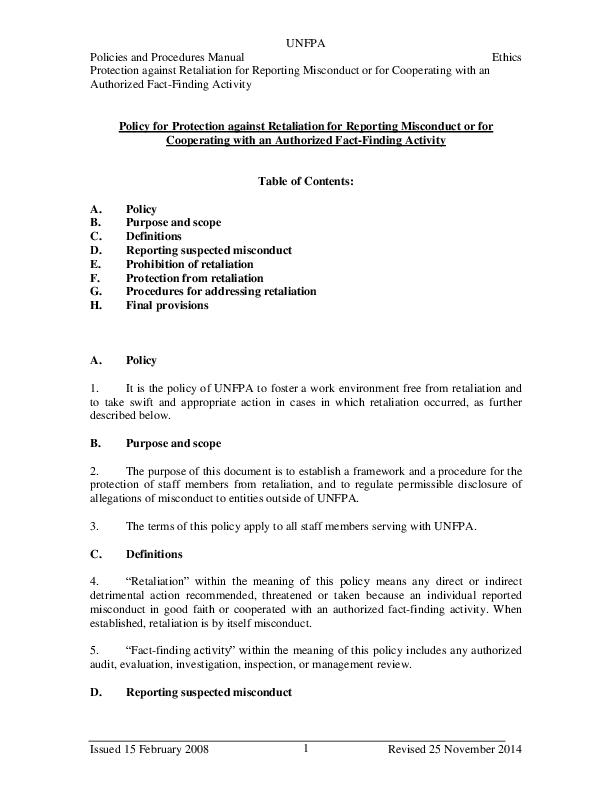 Policy on Protection against Retaliation 