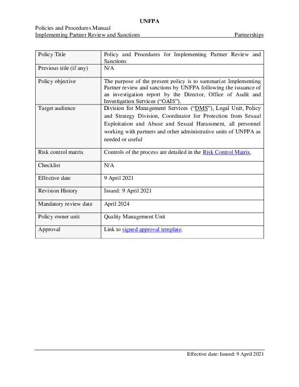 Policy and Procedures for Implementing Partner Review and Sanctions