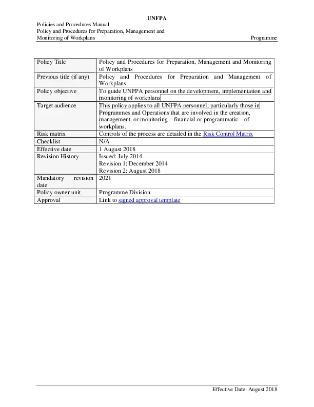 Policy and Procedures for Preparation, Management and Monitoring of Workplans