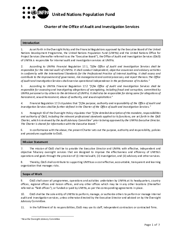 Charter of the Office of Audit and Investigation Services