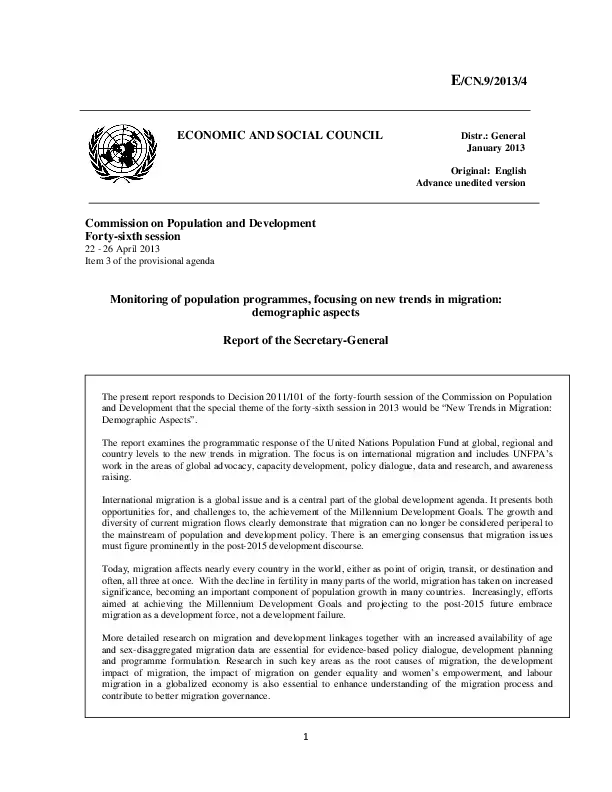 Monitoring of population programmes, focusing on new trends in migration:…