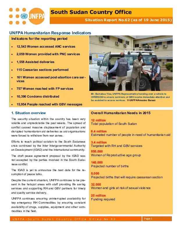 South Sudan Country Office Situation Report #62 - 19 June 2015