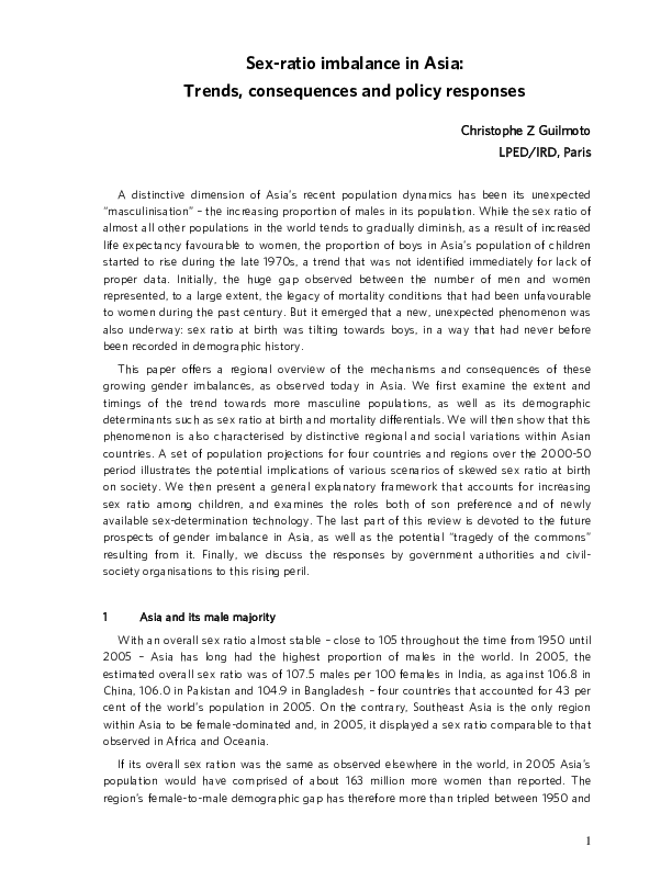 Sex-ratio imbalance in Asia: Trends, consequences and policy responses 