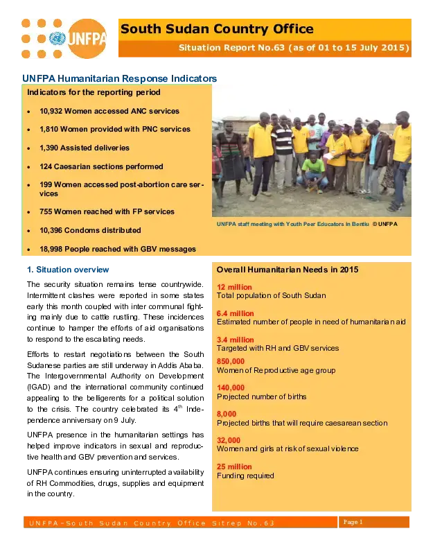 South Sudan Country Office Situation Report #63 - 01-15 July 2015