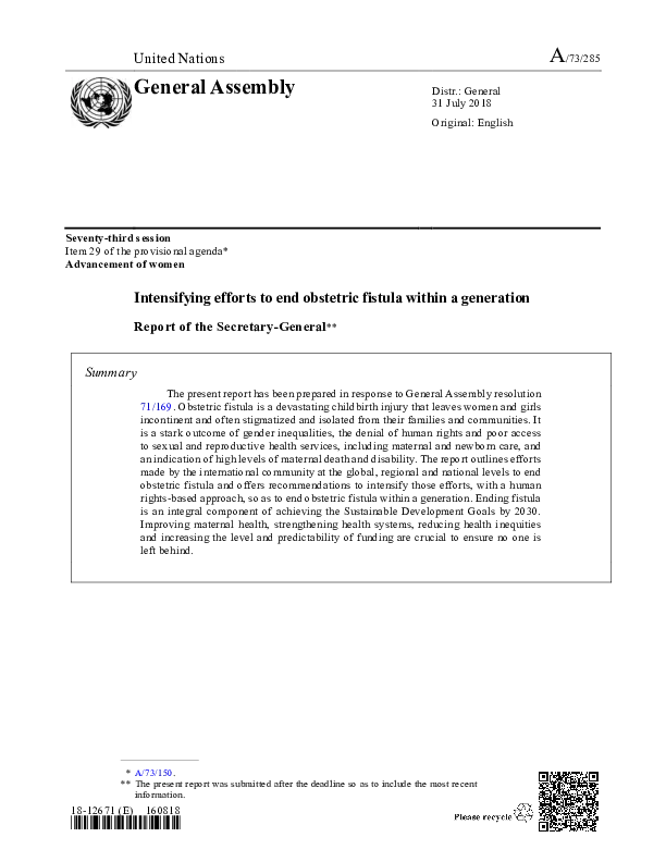 UN report on obstetric fistula 2018 (A/73/285)