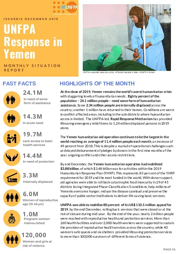 UNFPA Response in Yemen Monthly Situation Report #12 – December 2019