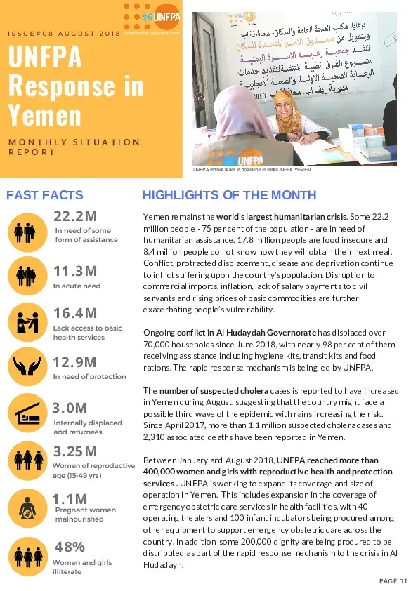 UNFPA Response in Yemen Monthly Situation Report #8 – August 2018
