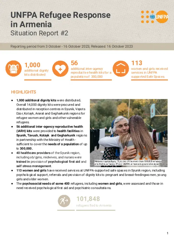 UNFPA Refugee Response in Armenia: Situation Report #2 - 16 October 2023