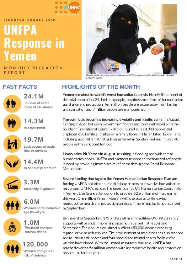 UNFPA Response in Yemen Monthly Situation Report #8 – August 2019