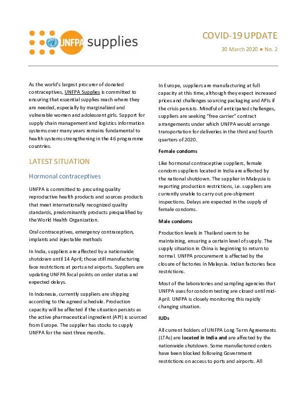 UNFPA Supplies COVID-19 Update - 30 March 2020