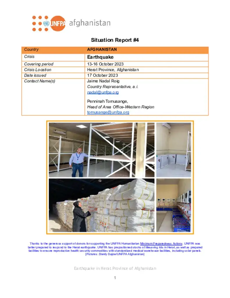 UNFPA Afghanistan Situation Report (Herat Province) #4: 13-16 October 2023