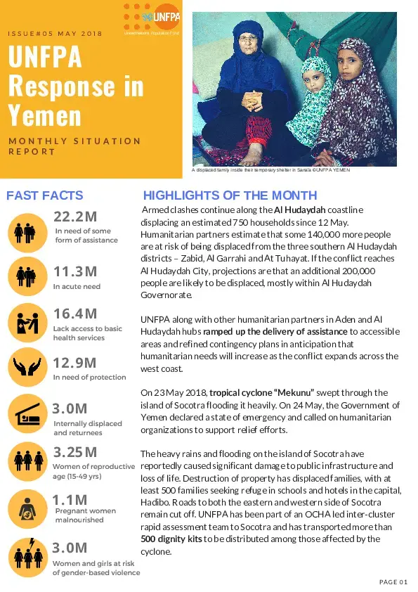 UNFPA Response in Yemen Monthly Situation Report #5 – May 2018