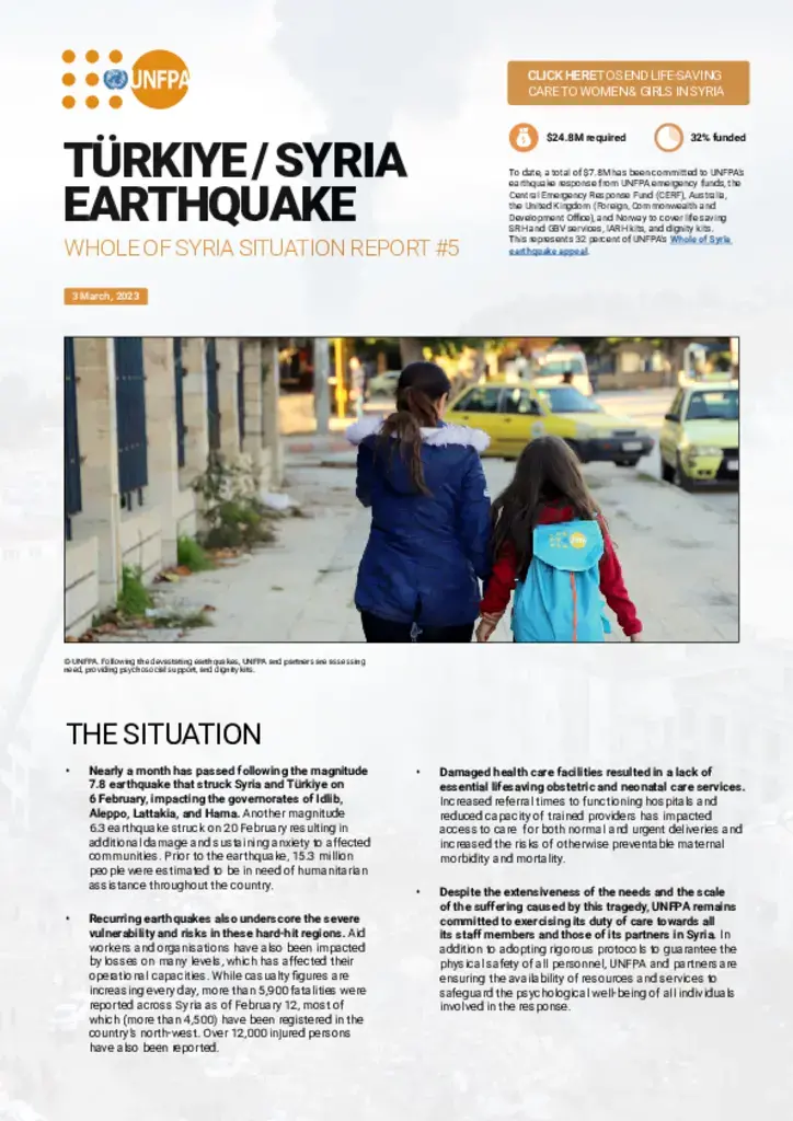 UNFPA Whole of Syria Situation Report #5: Türkiye-Syria Earthquake - 03 March…