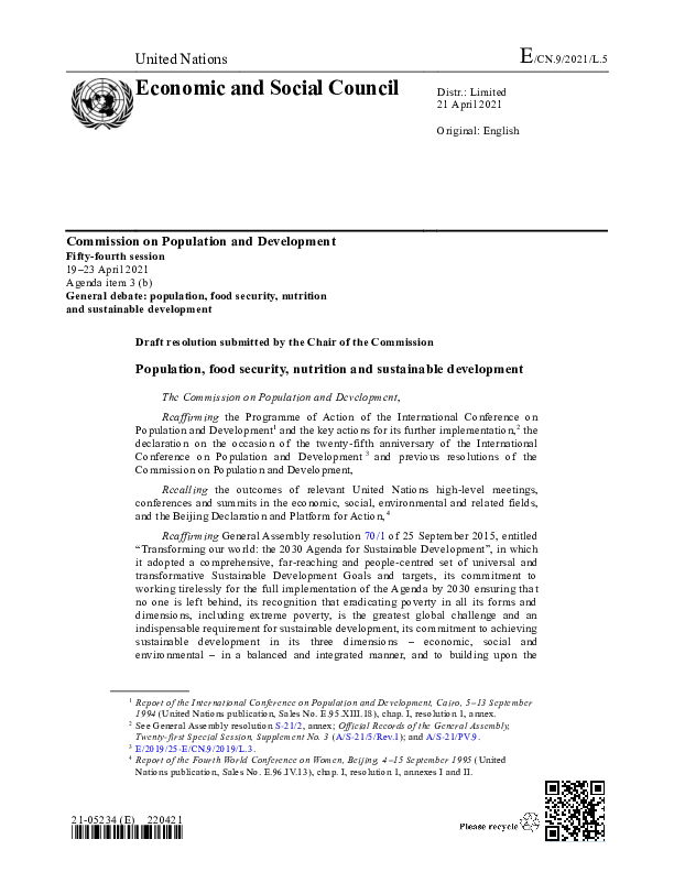 Draft resolution, 54th Session of the Commission on Population and Development