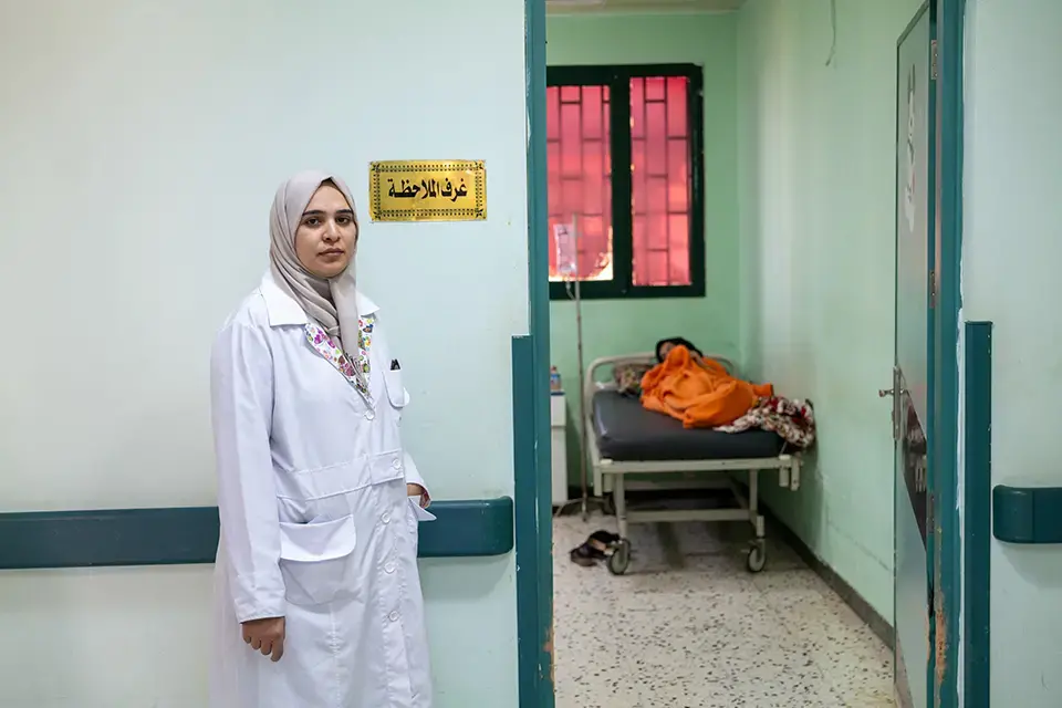 A medical worker in Umar Al Mukhtar. Around 100 health workers are among the dead.