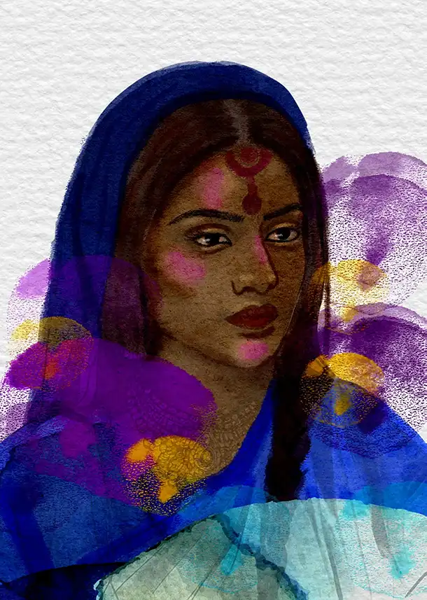 Artwork of a young woman in a blue scarf surrounded by paint strokes